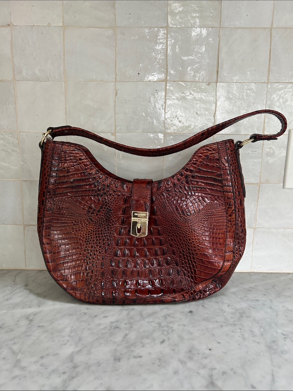 Brahmin Croc-Embossed Shoulder Bag in Reddish Brown